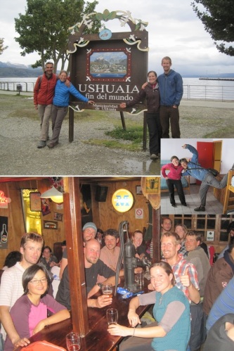 Some of the friends we managed to meet in Ushuaia: (top) M and M, (inset) Jorge, (bottom Bandavelo, Emilien, Xinhan, Gustavo, and Tomas