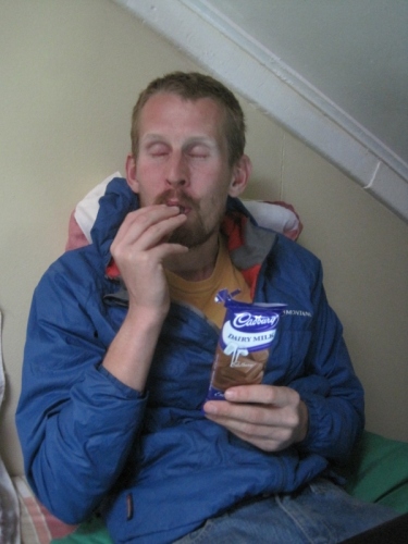 Enjoying a treat in Puerto Natales: Cadbury's Chocolate, sooooo good!