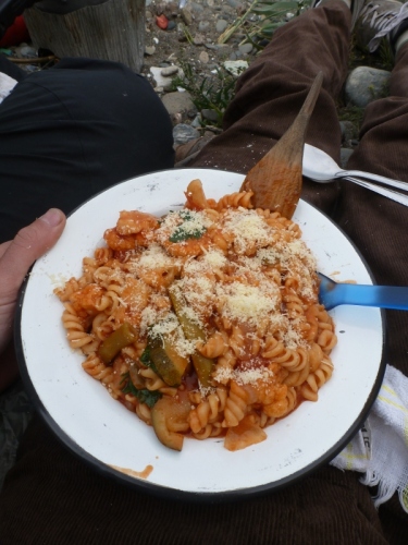 A long-overdue view of our pressure-cooker food: tomato and tuna pasta with parmesan cheese, mmmmm