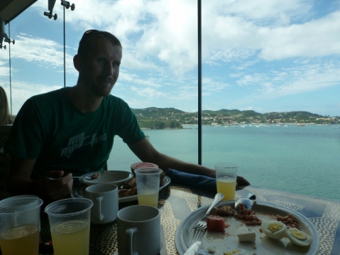 Enjoying a spot of 13th floor breakfast, before disembarking to visit the lovely village of Buzios, Brazil