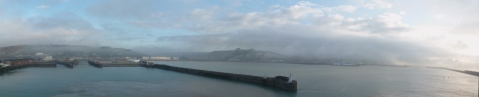 A familiar sight, early morning mist over the port of Dover, UK!